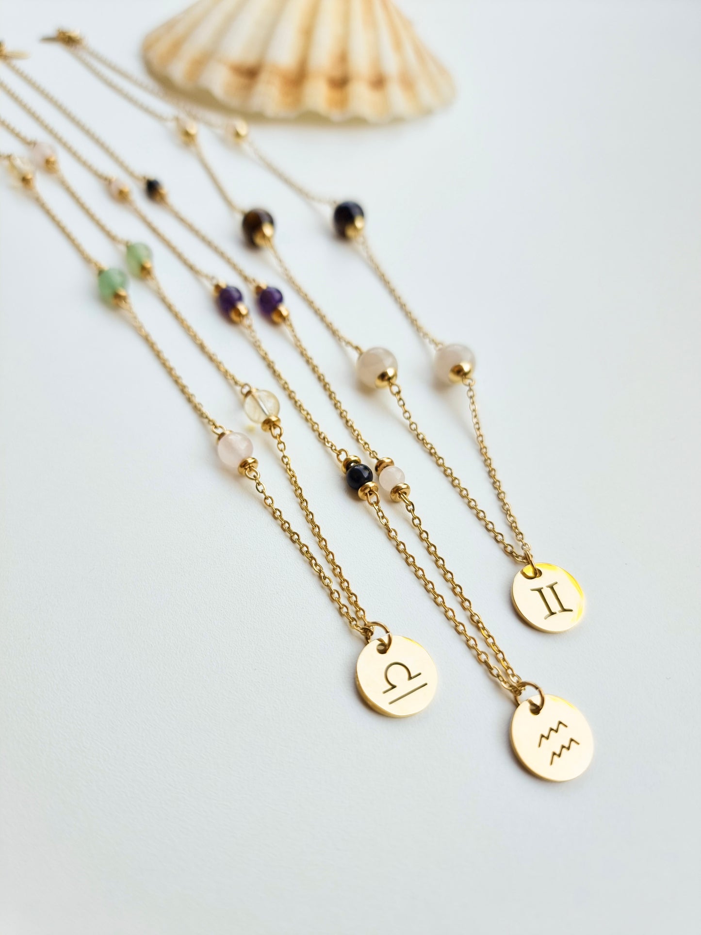 Libra, Aquarius, Gemini - Air Element - Crystal Zodiac Necklace Gold Steel