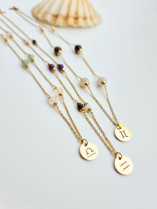 Libra, Aquarius, Gemini - Air Element - Crystal Zodiac Necklace Gold Steel