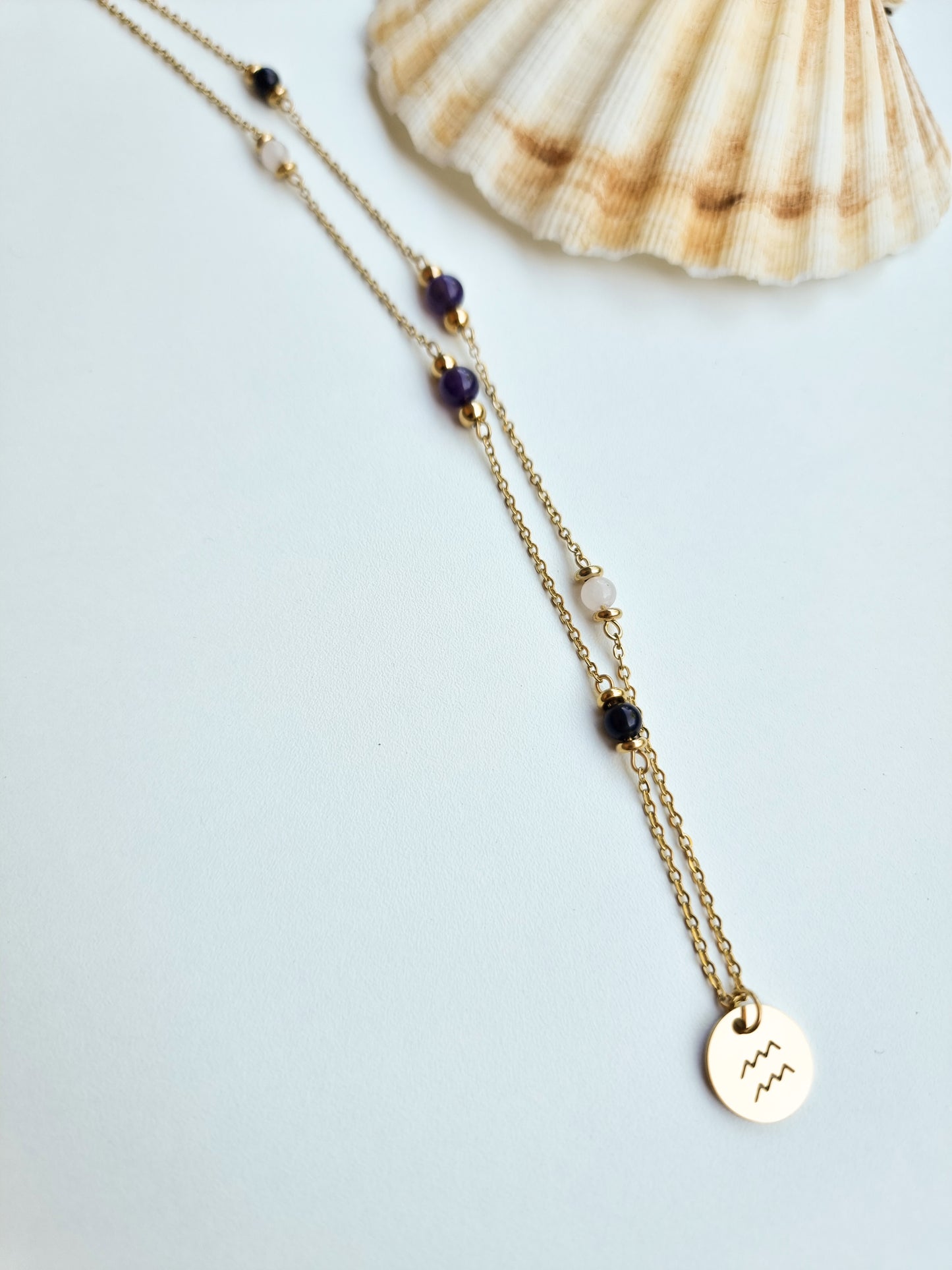 Libra, Aquarius, Gemini - Air Element - Crystal Zodiac Necklace Gold Steel