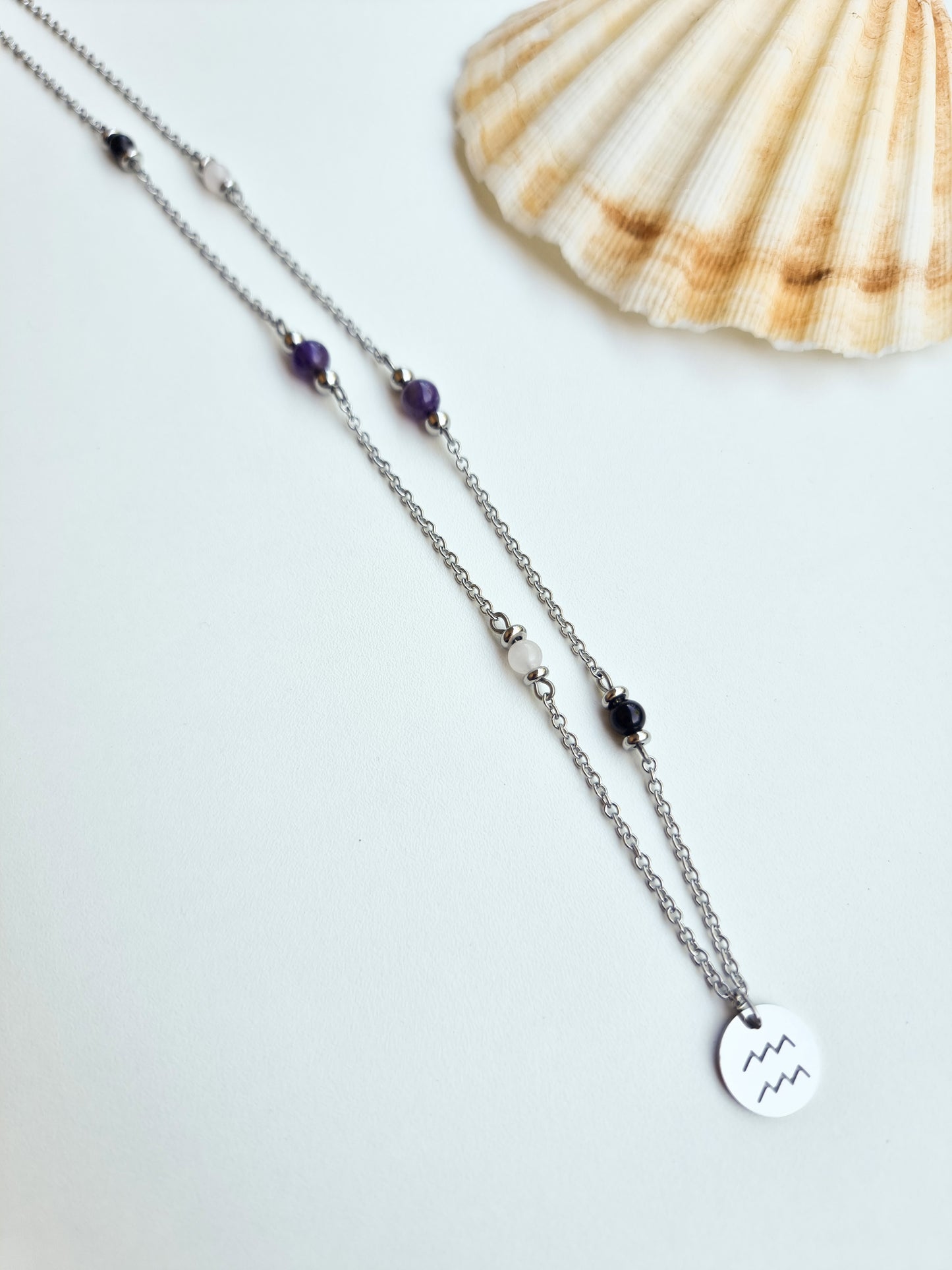 Libra, Aquarius, Gemini - Air Element - Crystal Zodiac Steel Necklace