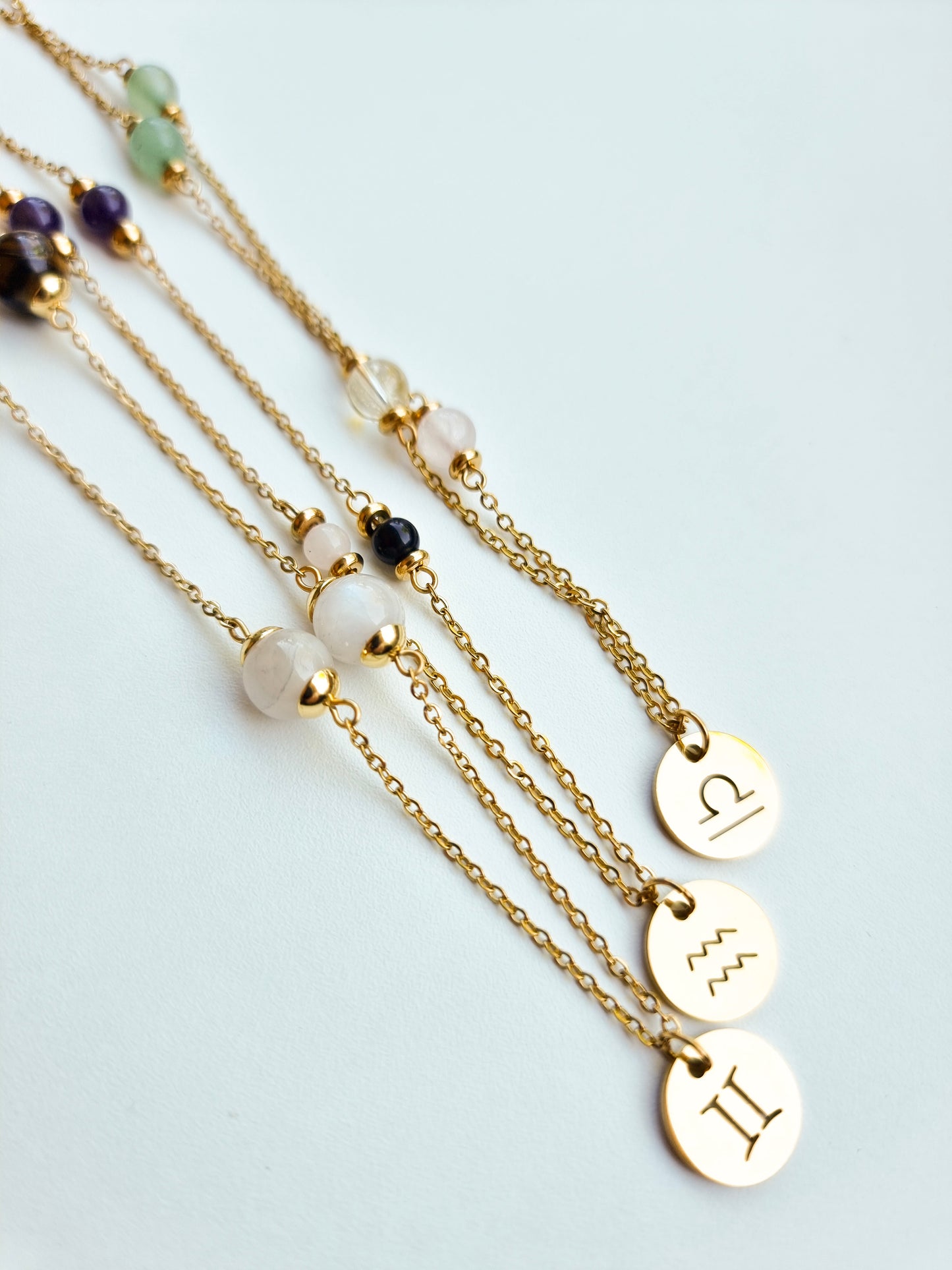 Libra, Aquarius, Gemini - Air Element - Crystal Zodiac Necklace Gold Steel