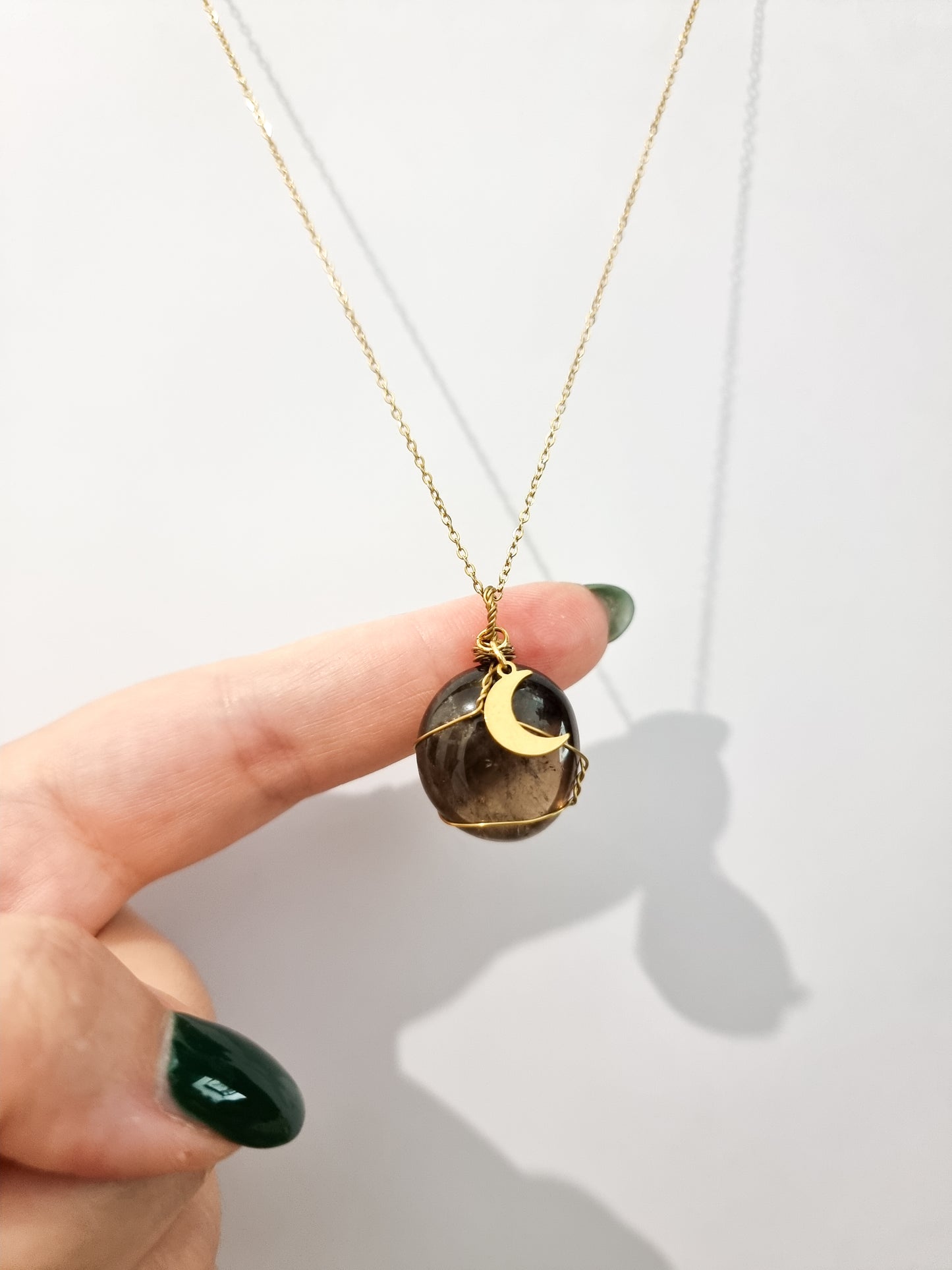 AAA Quality Smoky Quartz Wire Necklace in Gold Steel and Crescent Moon