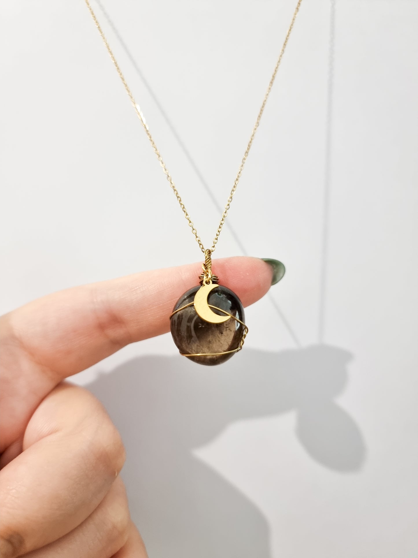 AAA Quality Smoky Quartz Wire Necklace in Gold Steel and Crescent Moon