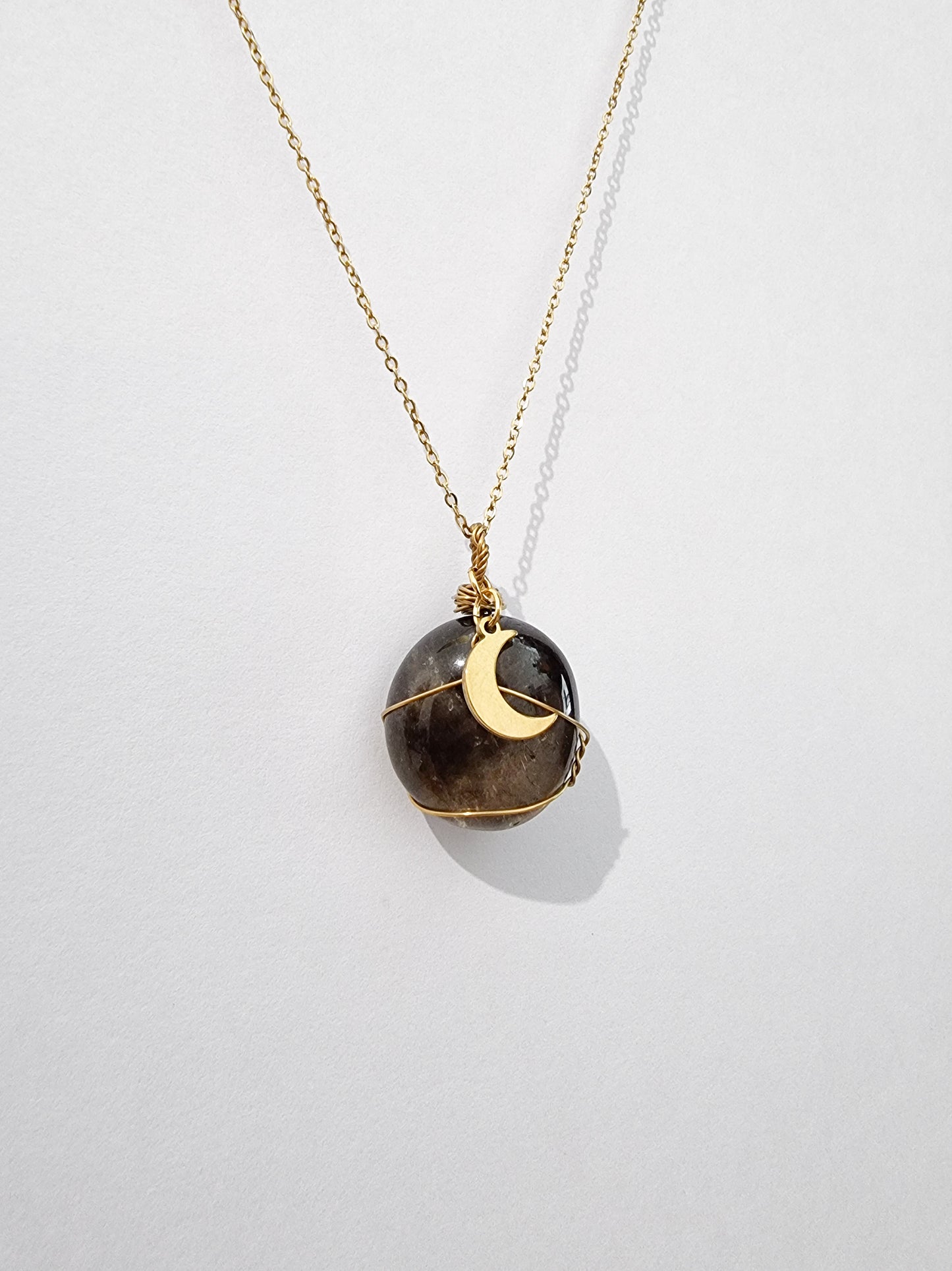 AAA Quality Smoky Quartz Wire Necklace in Gold Steel and Crescent Moon