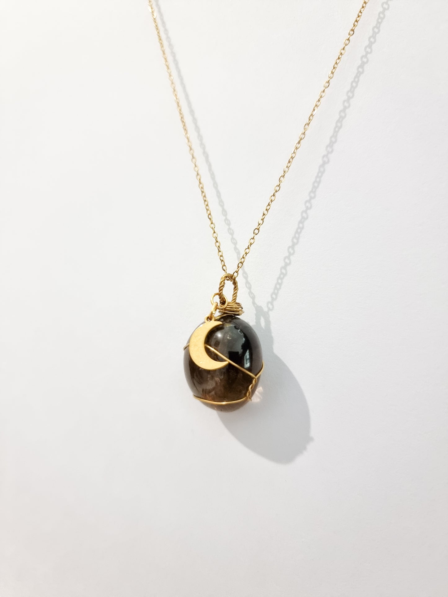 AAA Quality Smoky Quartz Wire Necklace in Gold Steel and Crescent Moon