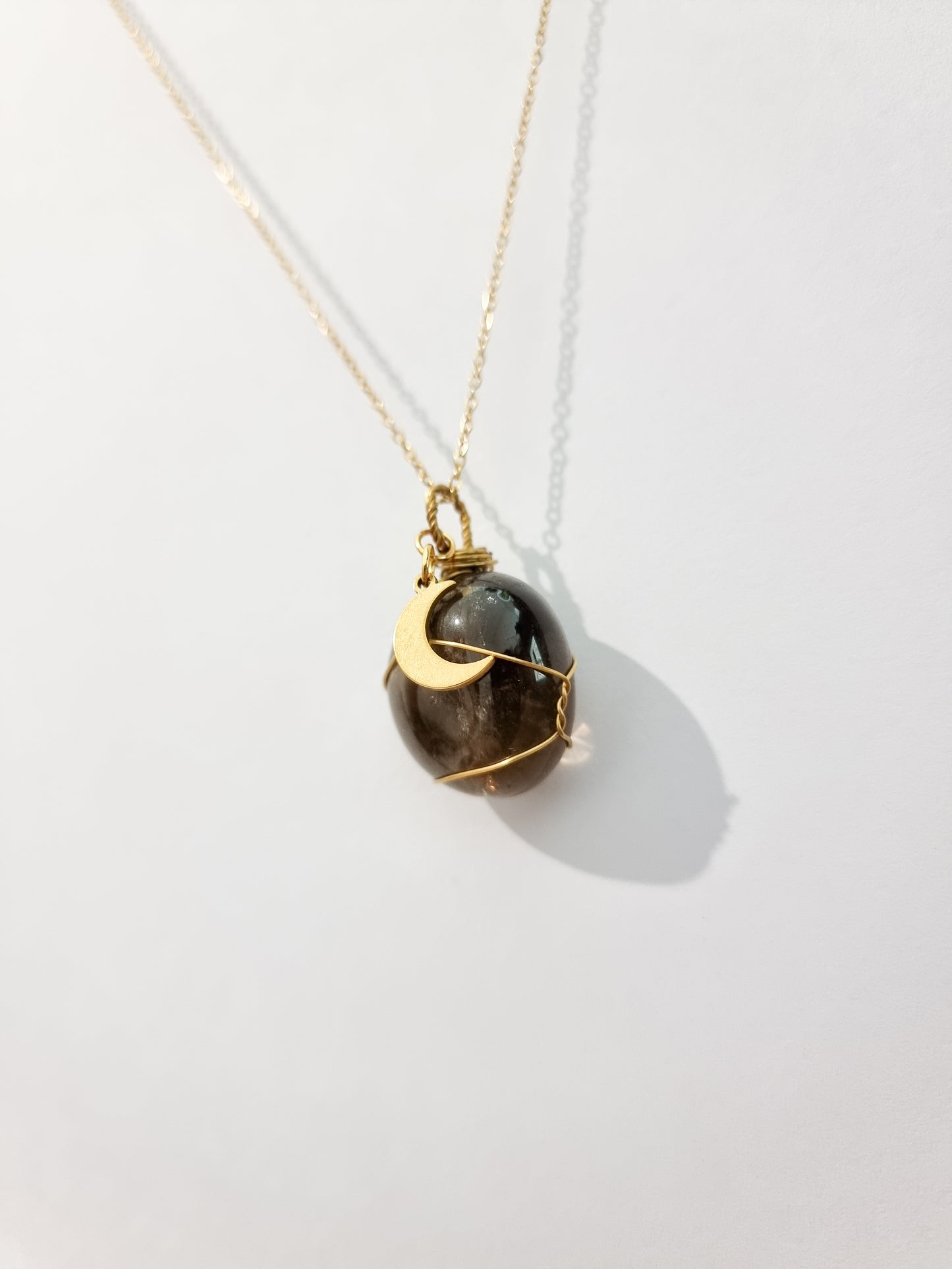 AAA Quality Smoky Quartz Wire Necklace in Gold Steel and Crescent Moon