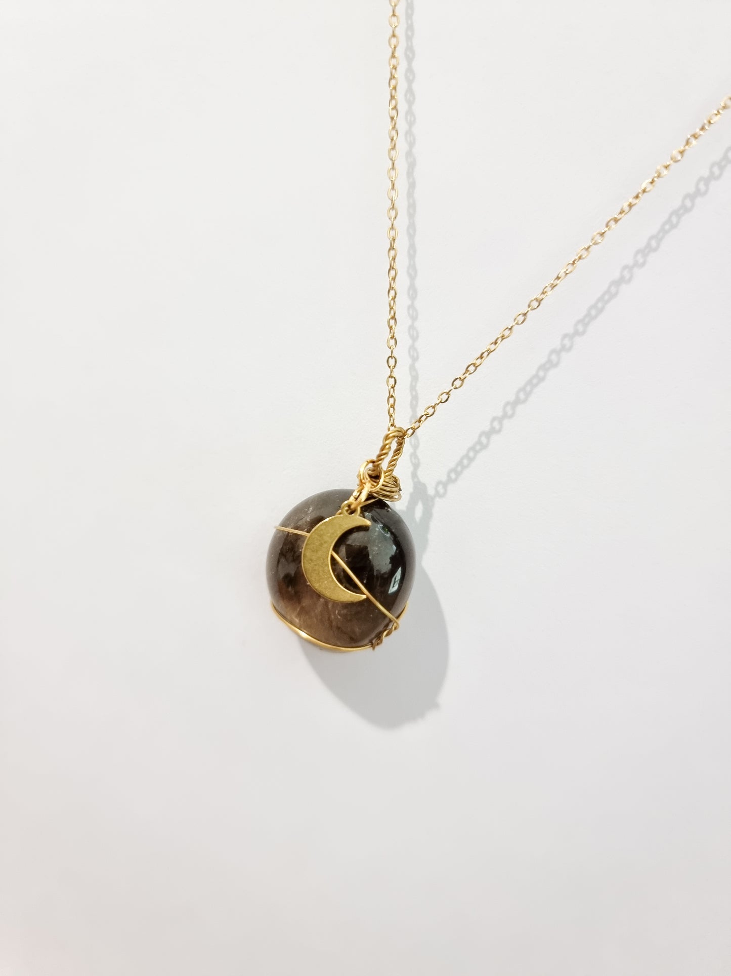 AAA Quality Smoky Quartz Wire Necklace in Gold Steel and Crescent Moon