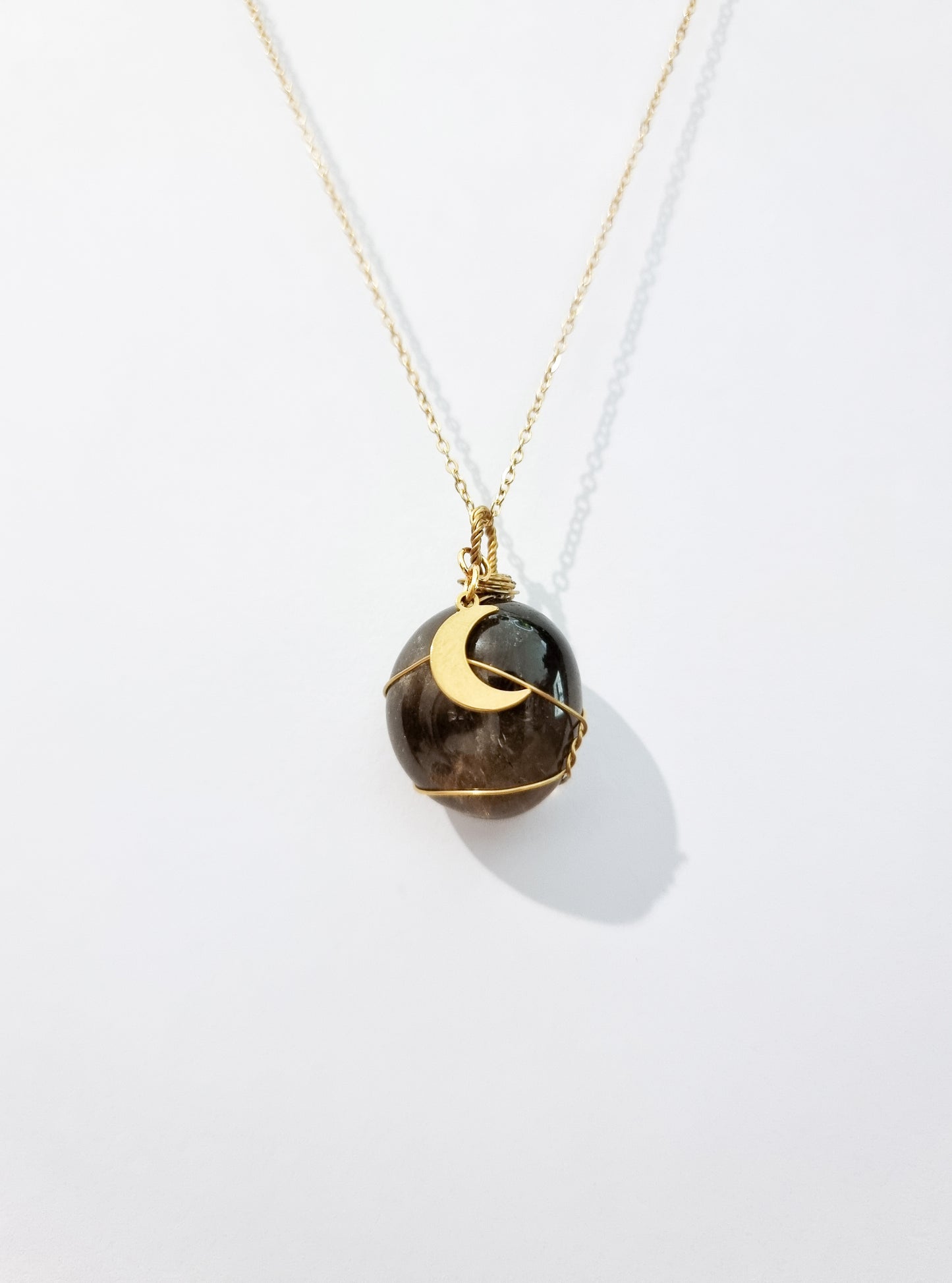 AAA Quality Smoky Quartz Wire Necklace in Gold Steel and Crescent Moon