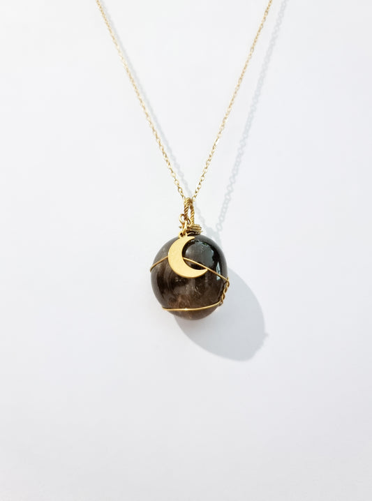 AAA Quality Smoky Quartz Wire Necklace in Gold Steel and Crescent Moon