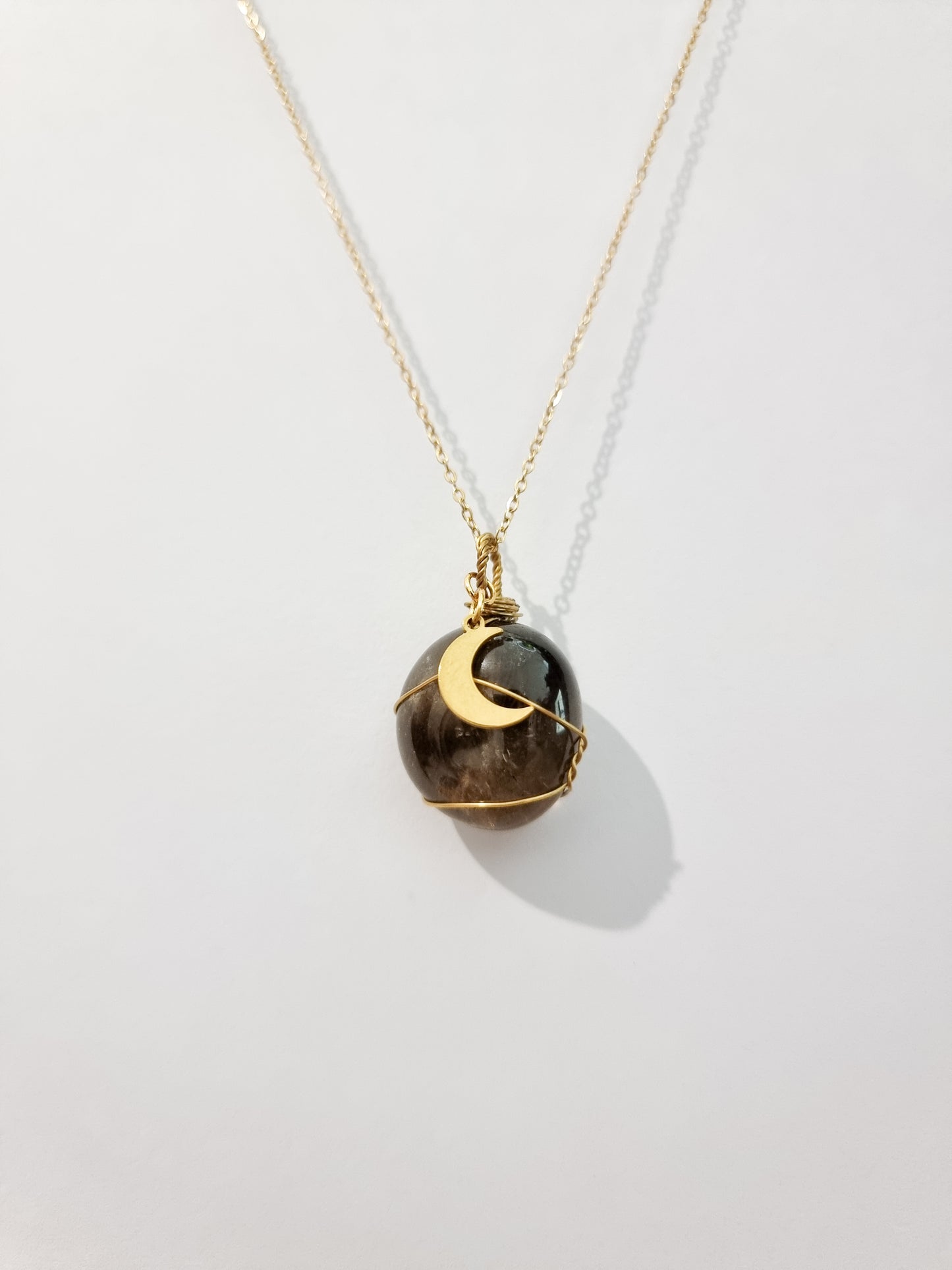 AAA Quality Smoky Quartz Wire Necklace in Gold Steel and Crescent Moon