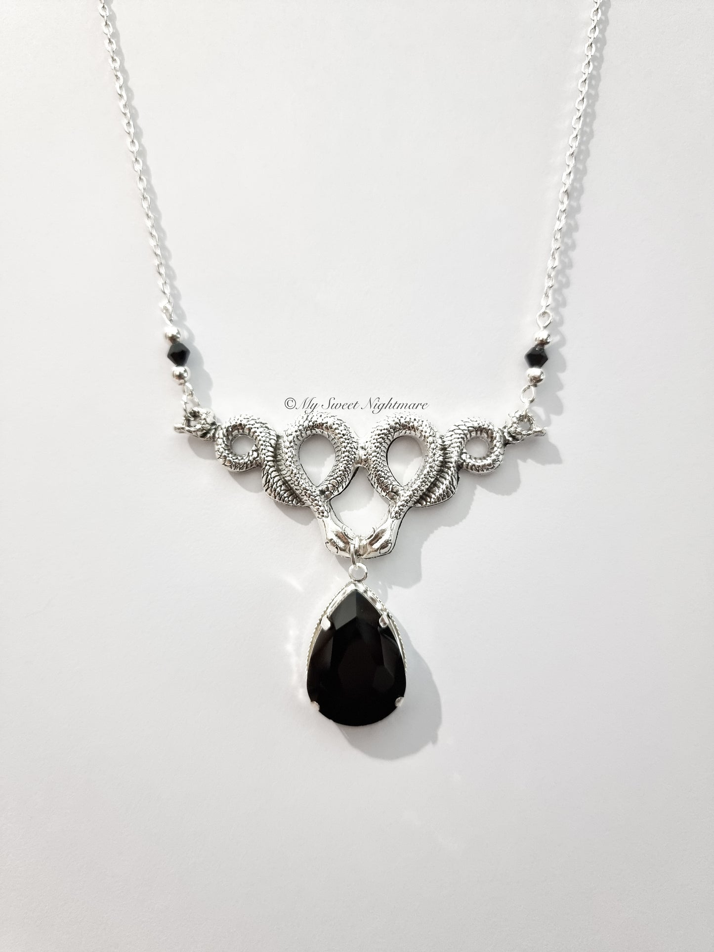 "MEDUSA" Gothic Necklace with Snakes and Black Drop Gem