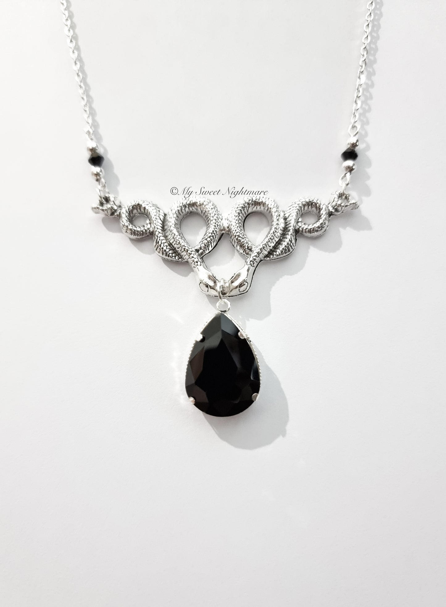 "MEDUSA" Gothic Necklace with Snakes and Black Drop Gem