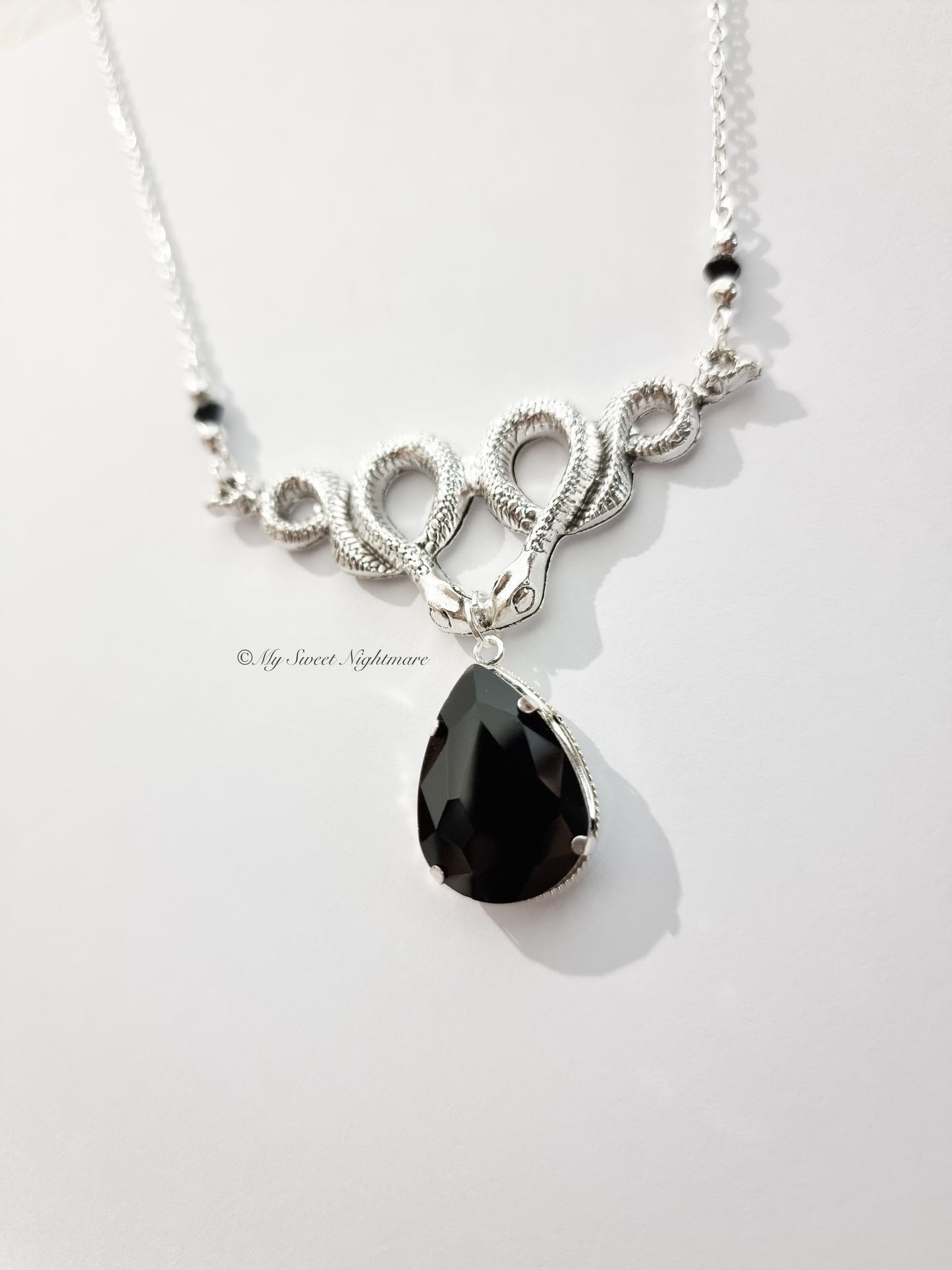 "MEDUSA" Gothic Necklace with Snakes and Black Drop Gem