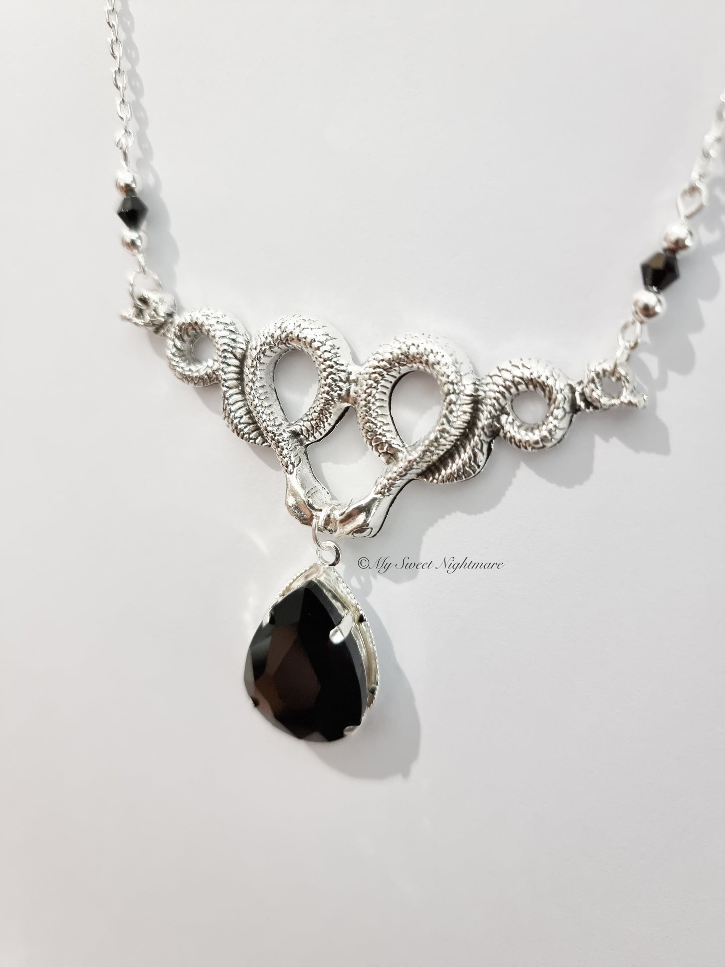 "MEDUSA" Gothic Necklace with Snakes and Black Drop Gem