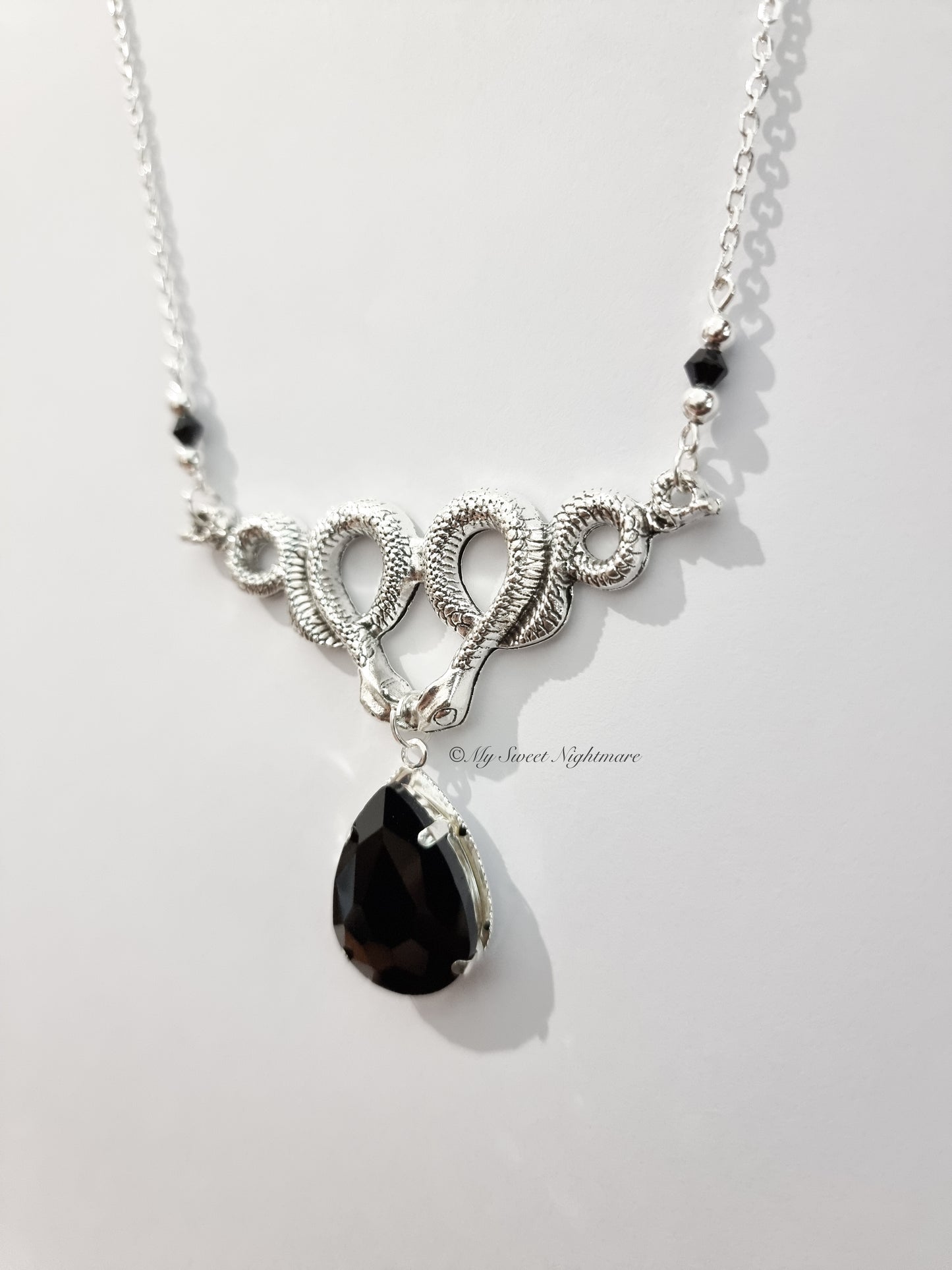 "MEDUSA" Gothic Necklace with Snakes and Black Drop Gem