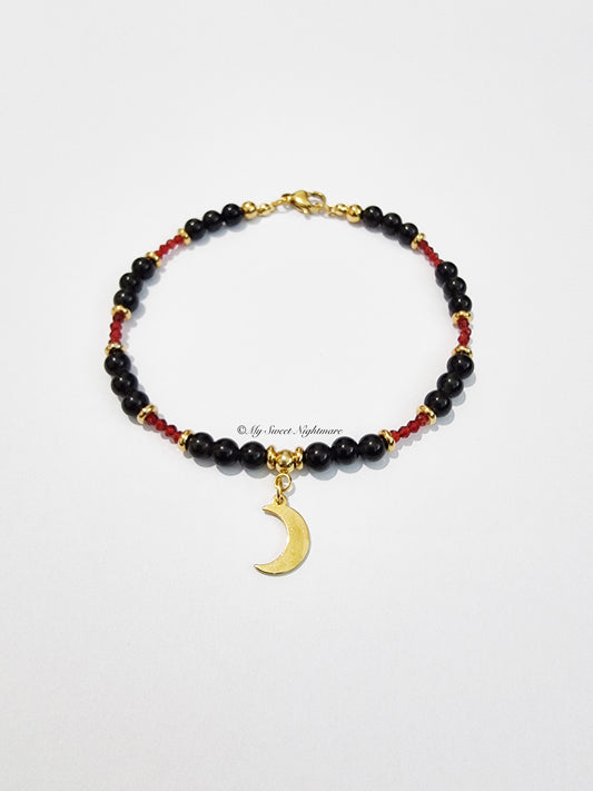 Bracelet with Golden Obsidian, crescent moon and red crystals