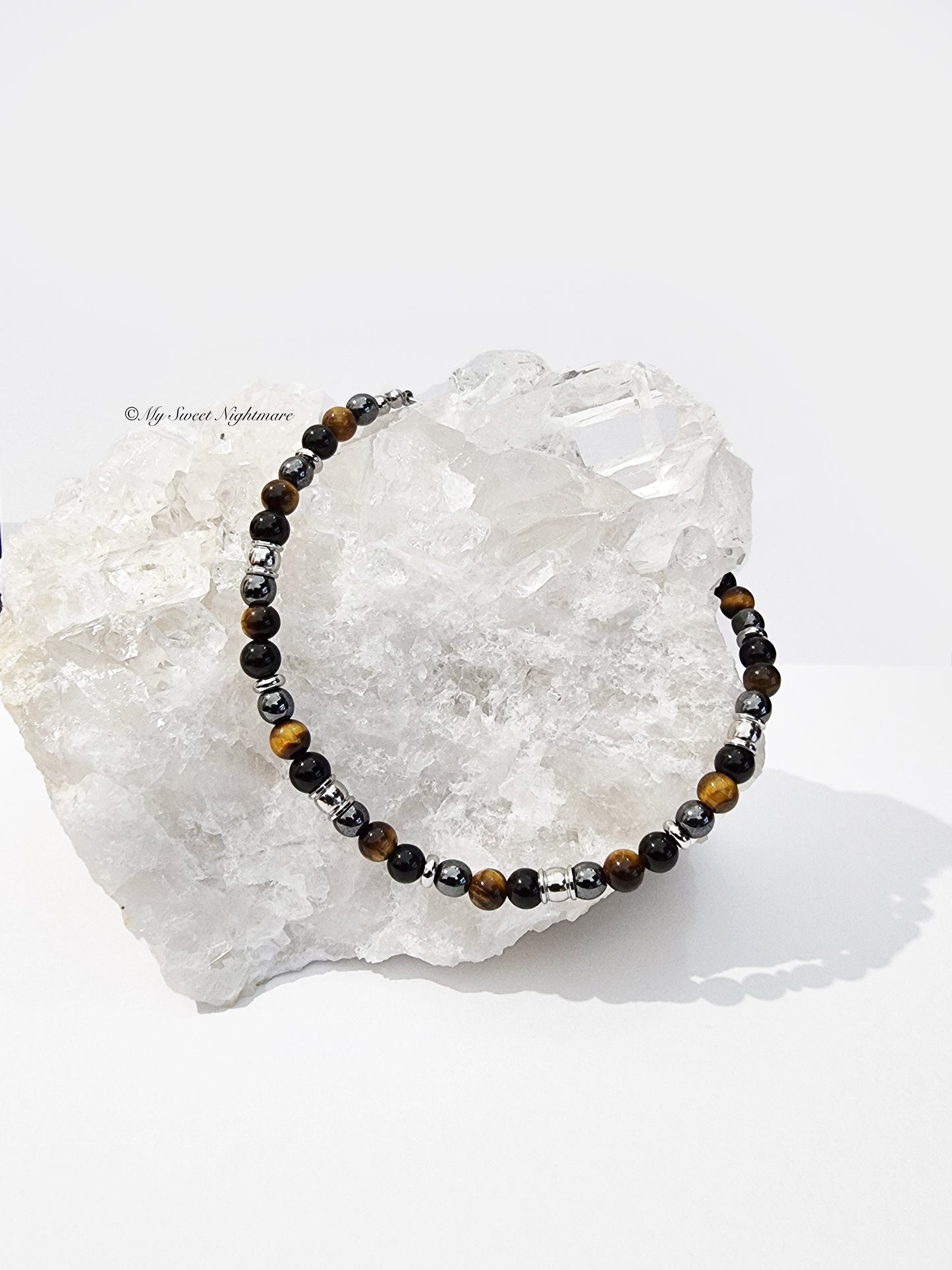 Tiger's eye, hematite and obsidian bracelet