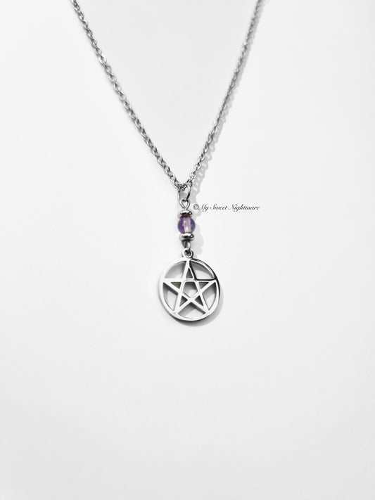 Ciondolo con ametista e pentacolo in acciaio