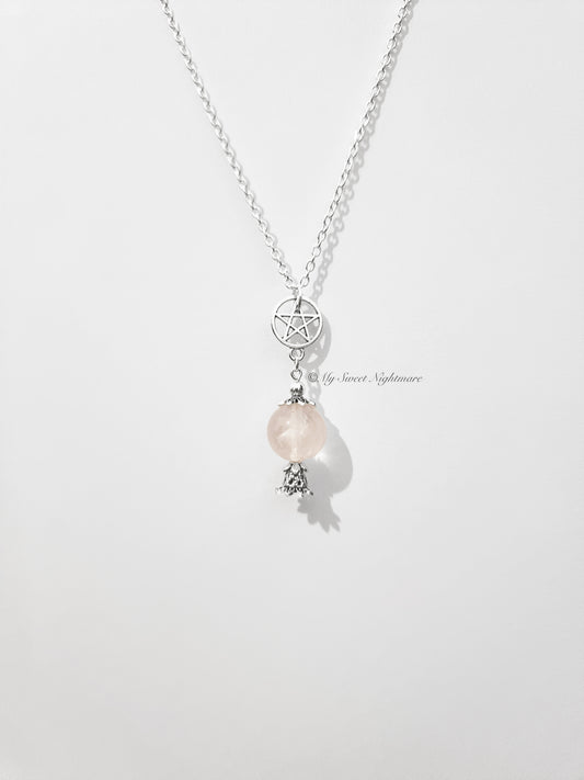 Rose Quartz Crystal Ball and Pentacle Necklace