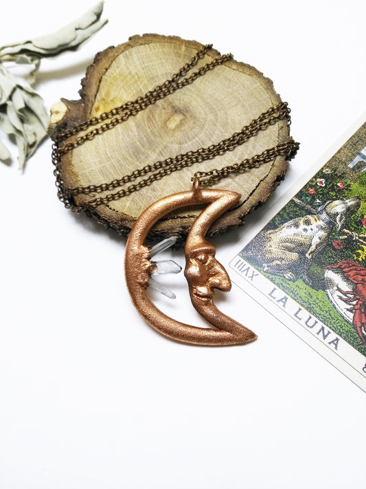 Electroformed necklace handmade in copper with crescent moon and rock crystals
