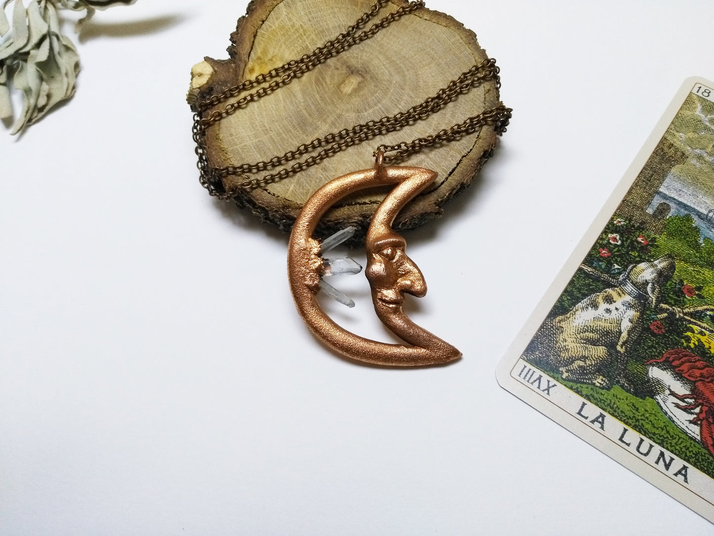 Electroformed necklace handmade in copper with crescent moon and rock crystals
