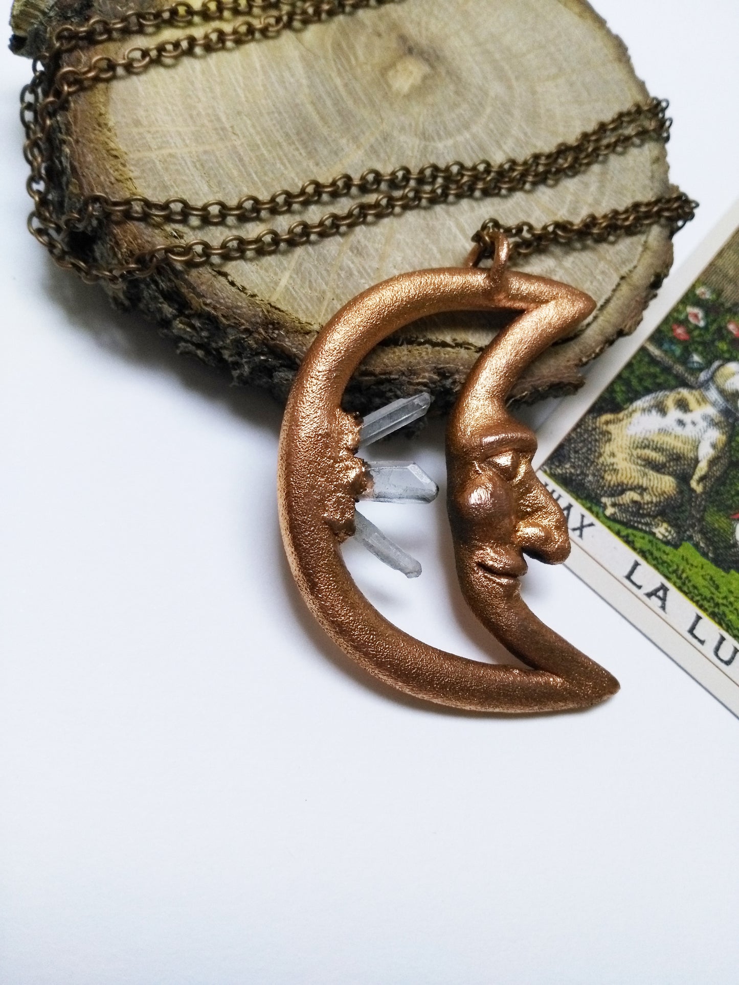Electroformed necklace handmade in copper with crescent moon and rock crystals