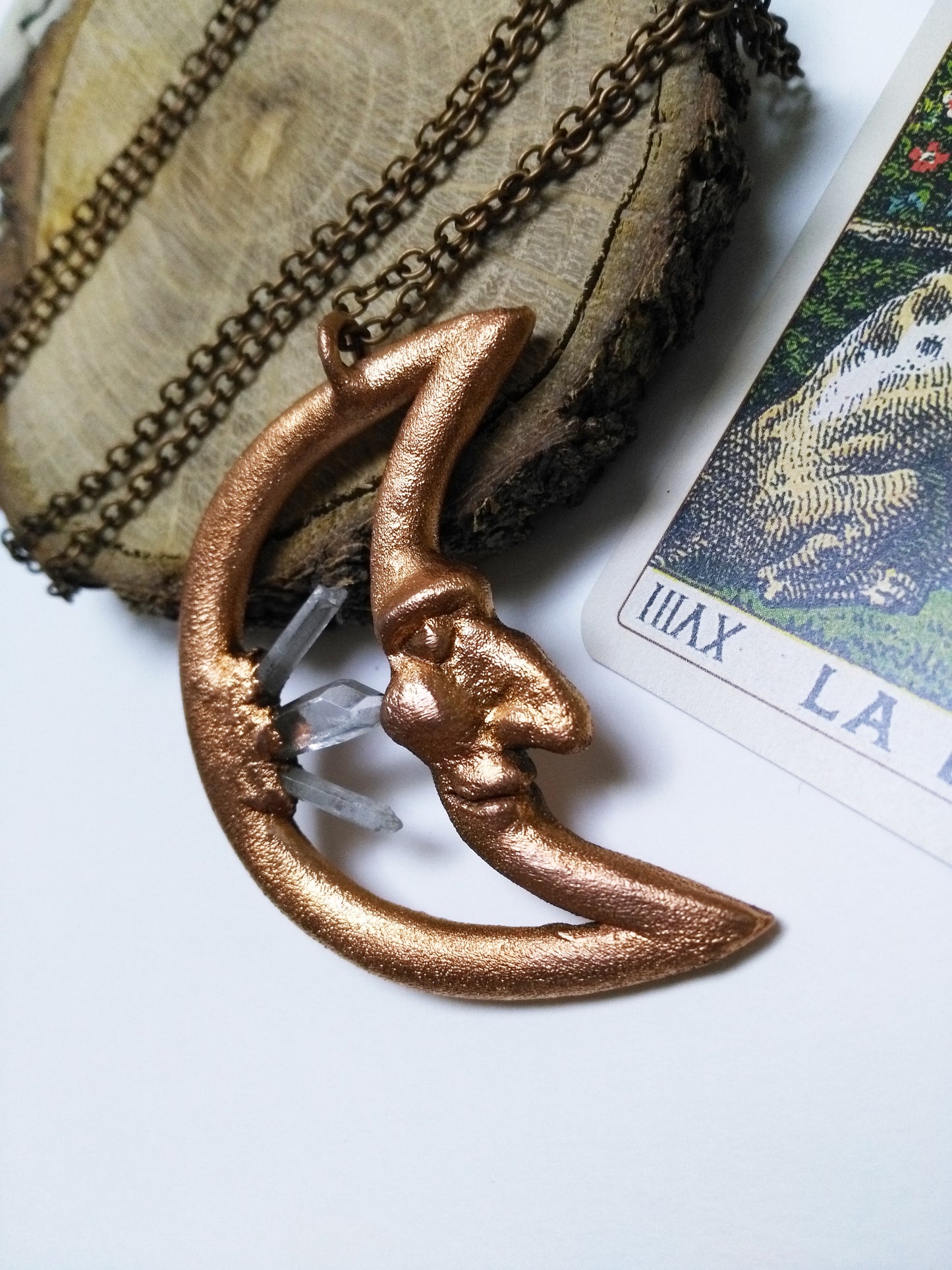 Electroformed necklace handmade in copper with crescent moon and rock crystals