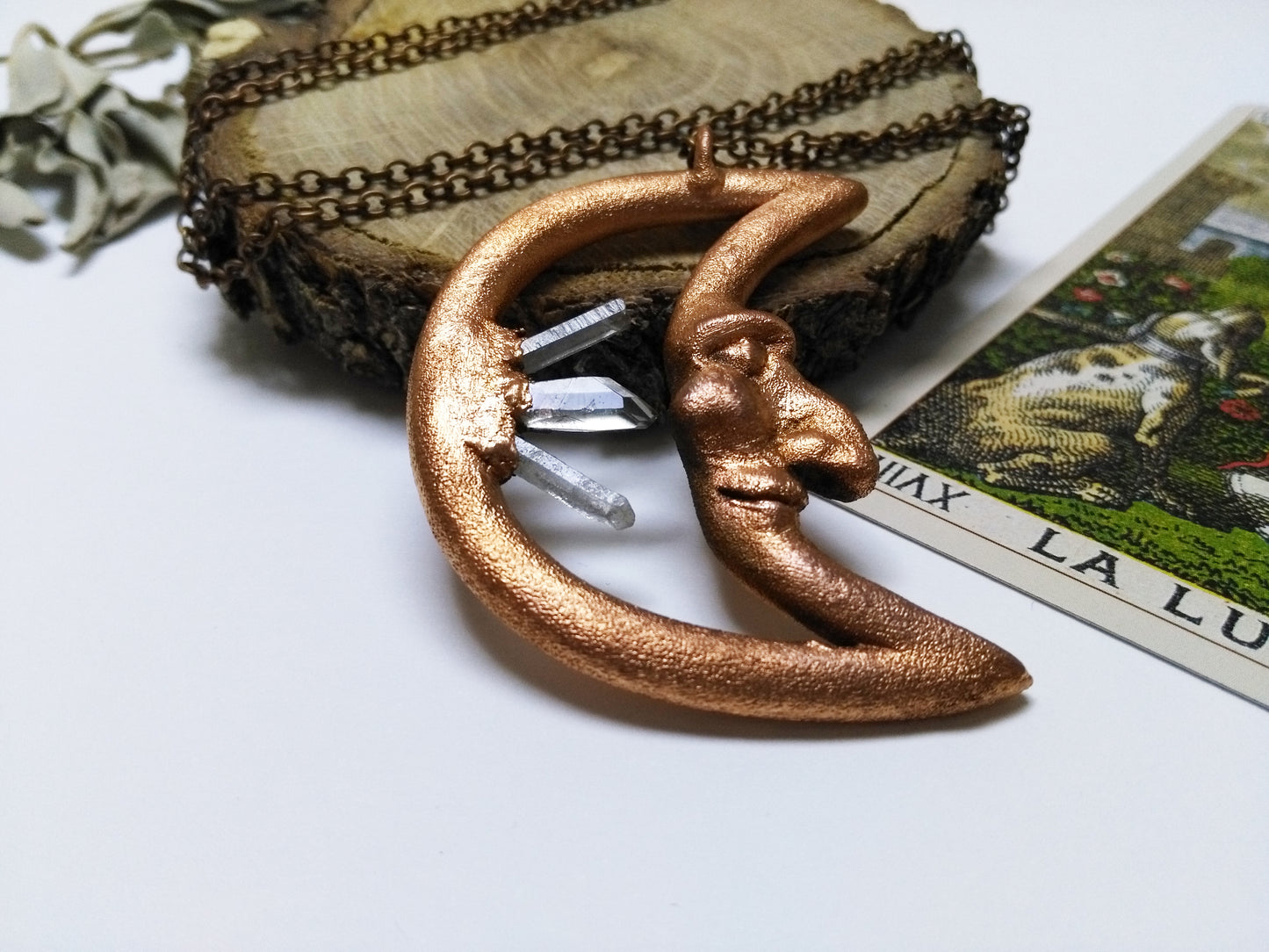 Electroformed necklace handmade in copper with crescent moon and rock crystals