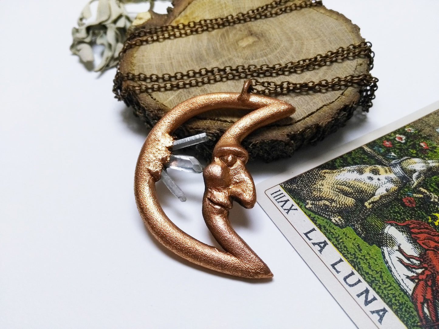 Electroformed necklace handmade in copper with crescent moon and rock crystals