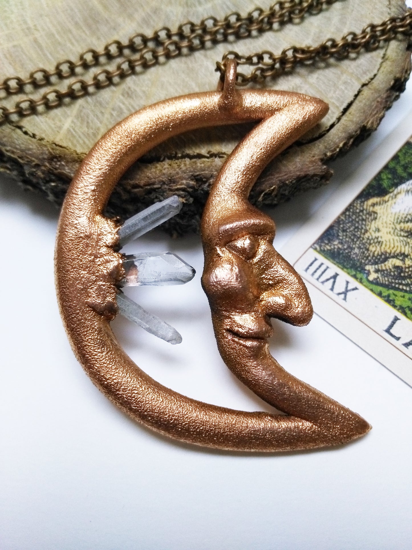 Electroformed necklace handmade in copper with crescent moon and rock crystals