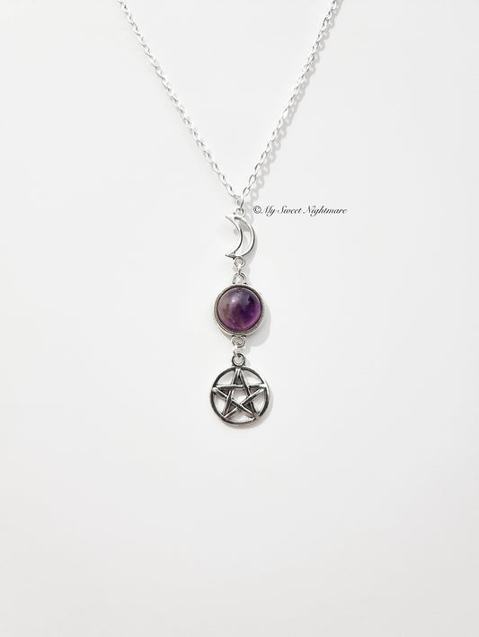 Necklace with pentacle, amethyst and crescent moon