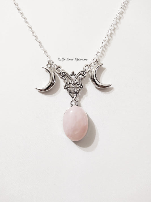 Triple Moon and Rose Quartz Necklace